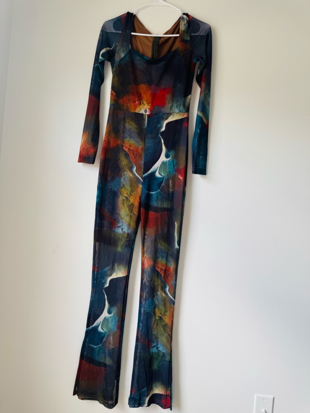 Abstract Print Long-Sleeve Jumpsuit - Multicolor